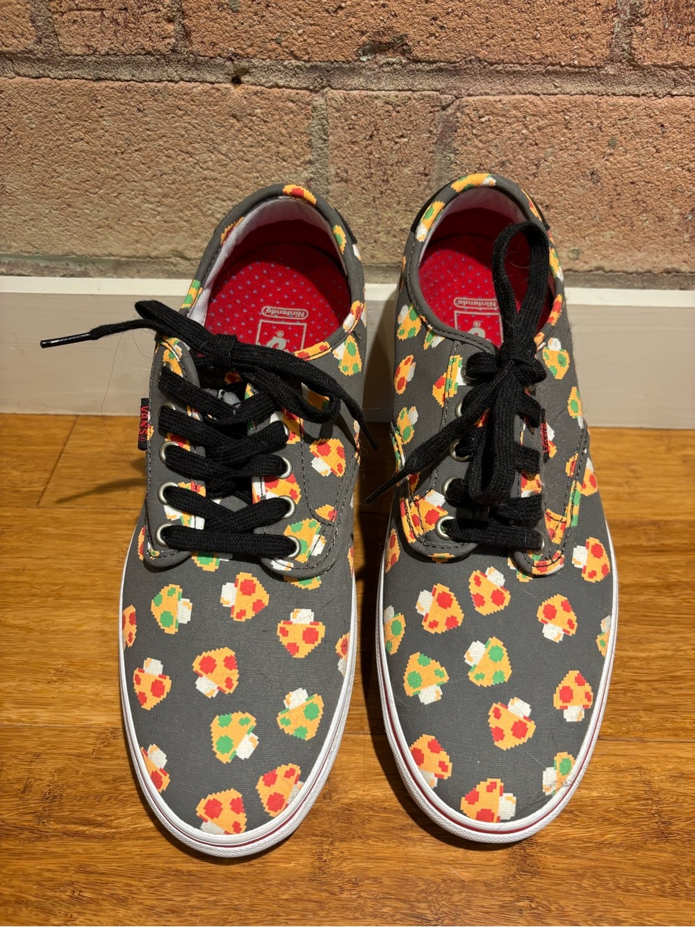 Vans Gray Canvas Sneakers with Multicolor Mushroom Motif and Black Laces